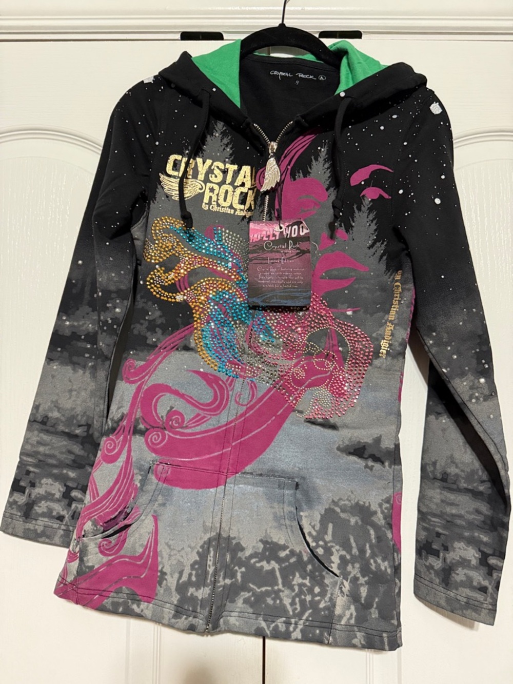 🔥Vintage Y2K Crystal Rock by Christian Audigier Rhinestone Graphic Hoodie